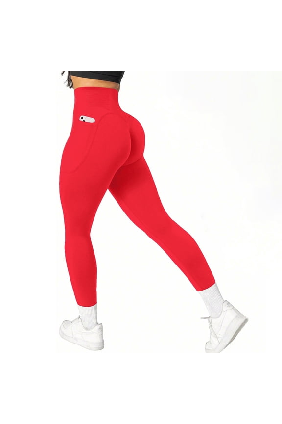 Women Seamless Workout Leggings, Scrunch Butt Lifting Gym Leggings, High Waisted Yoga Pants with Pockets Red M