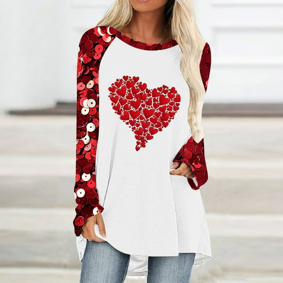 Jjayotai Women Sequin Tops, Sparkle Long Sleeve Blouses, Shimmer Glitter Crewneck Loose Fit Valentine's Day Shirts Red XXL