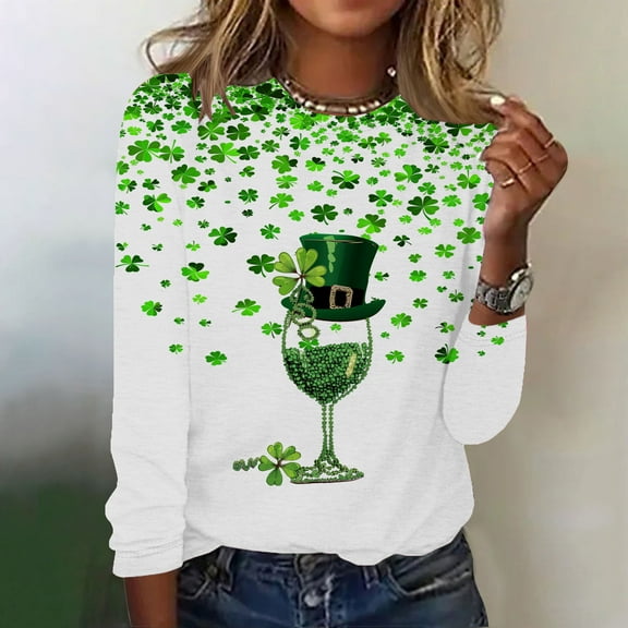 Jjayotai Women St. Patrick's Day Sweatshirt Plus Size, Glitter Lucky Clover Grass Printed Shirt, Crewneck Pullover, Oversized Irish Clothes Green XXL