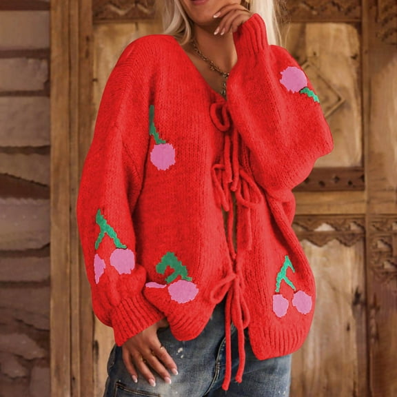 Jjayotai Women Tie Front Cherry Cardigan Sweater Clearance, Oversized Chunky Knit Long Sleeve Trendy Fall Winter Sweaters Tops Red S
