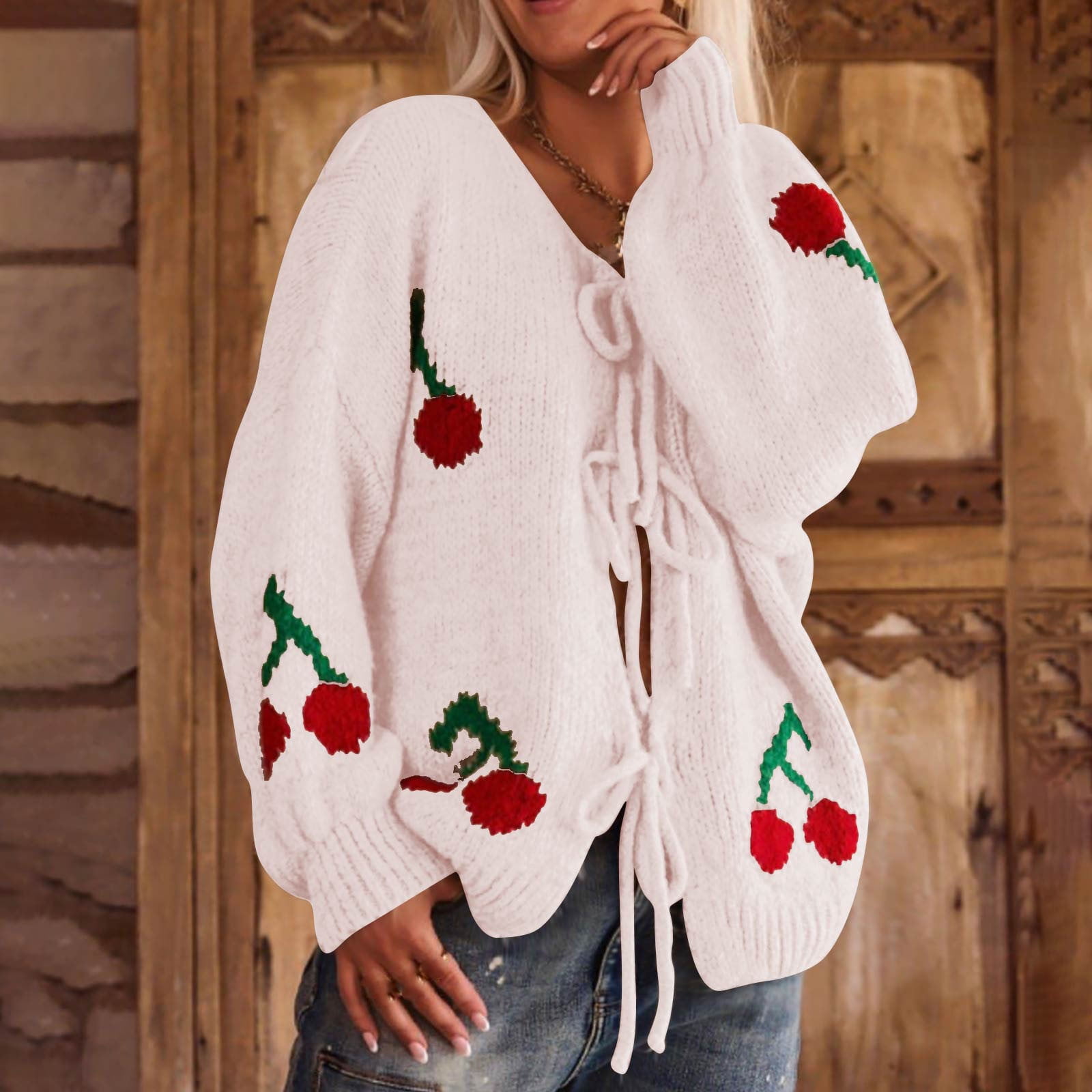 Jjayotai Women Tie Front Cherry Cardigan Sweater Clearance