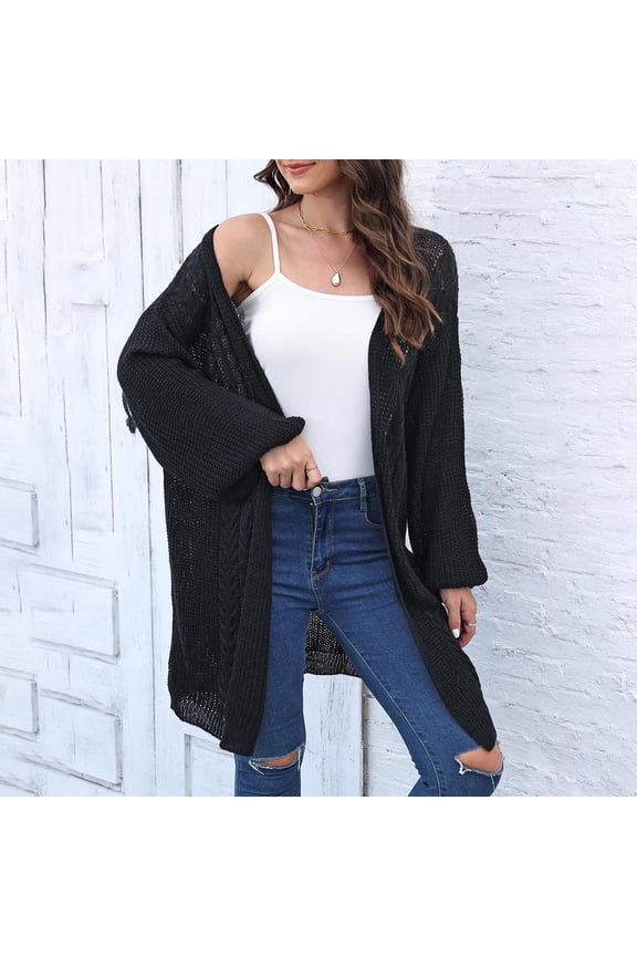 Women's 2024 Fall Waffle Knit Batwing Long Sleeve Cardigan, Loose Open Front Sweater Coat Black Free Size