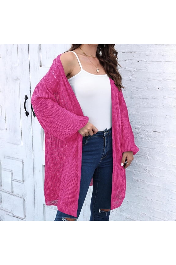 Women's 2024 Fall Waffle Knit Batwing Long Sleeve Cardigan, Loose Open Front Sweater Coat Red Free Size