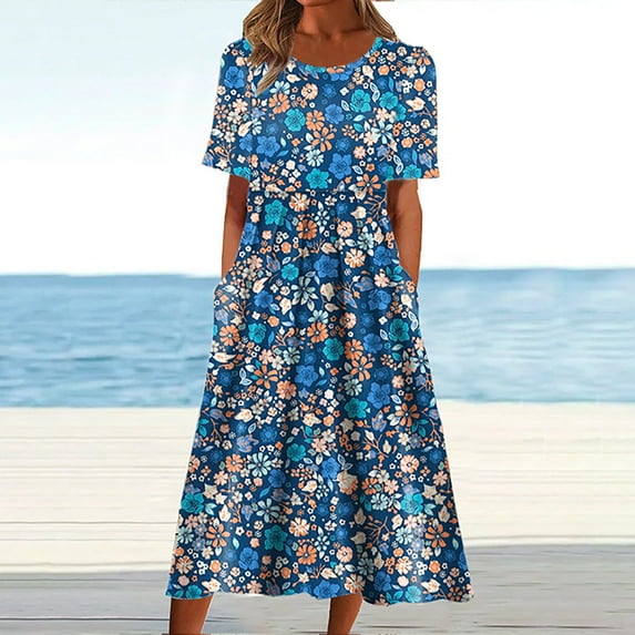 Jjayotai Women's 2025 Summer Short Sleeves Casual Flowy Long Maxi Dresses, Flutter Short Sleeve Crew Neck Boho Floral Print Tiered Flowy Dress Blue^1 XL
