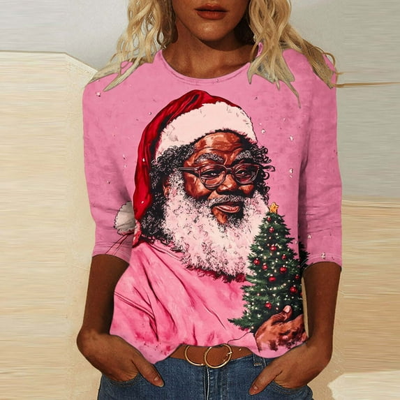 Jjayotai Women's 3/4 Sleeve Shirt Clearance, Crew Neck 3D Graphic Shirt, Trendy Blouse Christmas African Santa Tops, Xmas Holiday T-Shirt Multicolor XXXXXL