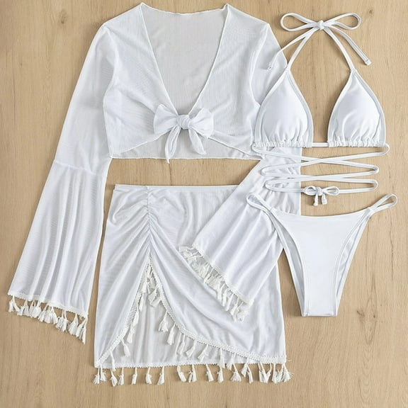 Jjayotai Women's 4 Pieces Swimsuits, Cover Up Set Sheer Flare Long Sleeve Crop Top and Beach Skirt Swimwear, Tie Back Bikini Set Beach Swimwear White XL