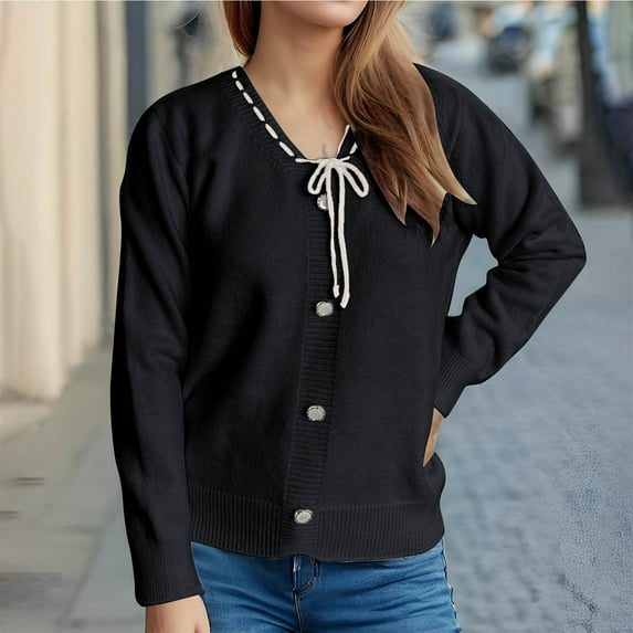 Jjayotai Women's Autumn and Winter V-Neck Button Down Sweater, Sweaters for Women Trendy Black M