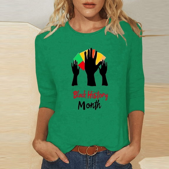 Jjayotai Women's Black History Month Tops, 3/4 Length Sleeve Round Neck Shirts, Trendy Casual Comfy Blouses, Loose Fit Inspiration Tees for Black American Women Green XL