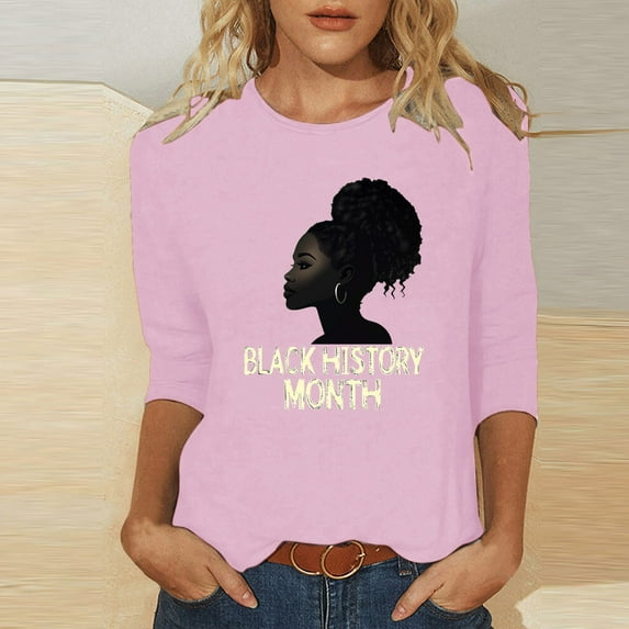 Jjayotai Women's Black History Month Tops, 3/4 Length Sleeve Round Neck Shirts, Trendy Casual Comfy Blouses, Loose Fit Inspiration Tees for Black American Women Pink L