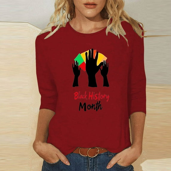 Jjayotai Women's Black History Month Tops, 3/4 Length Sleeve Round Neck Shirts, Trendy Casual Comfy Blouses, Loose Fit Inspiration Tees for Black American Women Red S