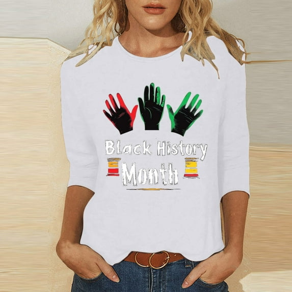 Jjayotai Women's Black History Month Tops, 3/4 Length Sleeve Round Neck Shirts, Trendy Casual Comfy Blouses, Loose Fit Inspiration Tees for Black American Women White L