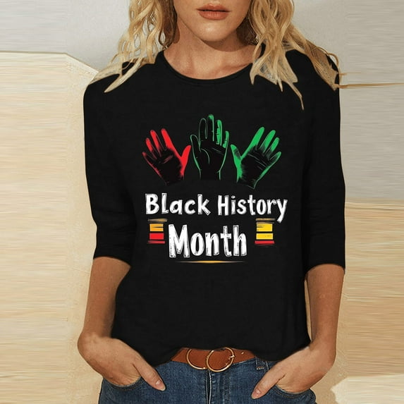 Jjayotai Women's Black History Month Tops, 3/4 Length Sleeve Round Neck Shirts, Trendy Casual Comfy Blouses, Loose Fit Inspiration Tees for Black American Women Black XXL