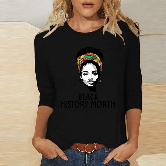 Jjayotai Women's Black History Month Tops, 3/4 Length Sleeve Round Neck Shirts, Trendy Casual Comfy Blouses, Loose Fit Inspiration Tees for Black American Women Black XXL