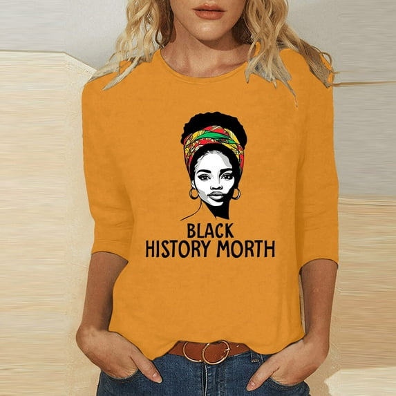 Jjayotai Women's Black History Month Tops, 3/4 Length Sleeve Round Neck Shirts, Trendy Casual Comfy Blouses, Loose Fit Inspiration Tees for Black American Women Orange XL
