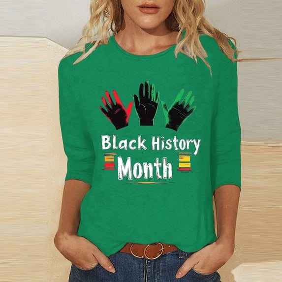 Jjayotai Women's Black History Month Tops, 3/4 Length Sleeve Round Neck Shirts, Trendy Casual Comfy Blouses, Loose Fit Inspiration Tees for Black American Women Green XXL