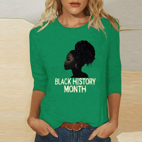 Jjayotai Women's Black History Month Tops, 3/4 Length Sleeve Round Neck Shirts, Trendy Casual Comfy Blouses, Loose Fit Inspiration Tees for Black American Women Green XXXL