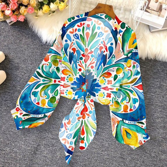 Jjayotai Women's Boho 70s Tops, Tie Front Bell Long Sleeve Floral Print Sheer Blouse, Soft Cardigan, Chiffon Tops, Lightweight Coverup