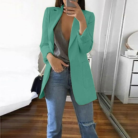 Jjayotai Women's Casual Blazers, Open Front Long Sleeve Lapel Collar Work Office Jacket Green S