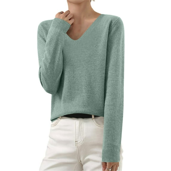 Jjayotai Women's Casual Knitted Sweater, Classic Long Sleeve Pullover Sweater, Fall Thin Sweater Tops, Elegant V Neck Loungewear Green M