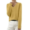 thumbnail image 1 of Jjayotai Women's Casual Knitted Sweater, Classic Long Sleeve Pullover Sweater, Fall Thin Sweater Tops, Elegant V Neck Loungewear Yellow M, 1 of 5