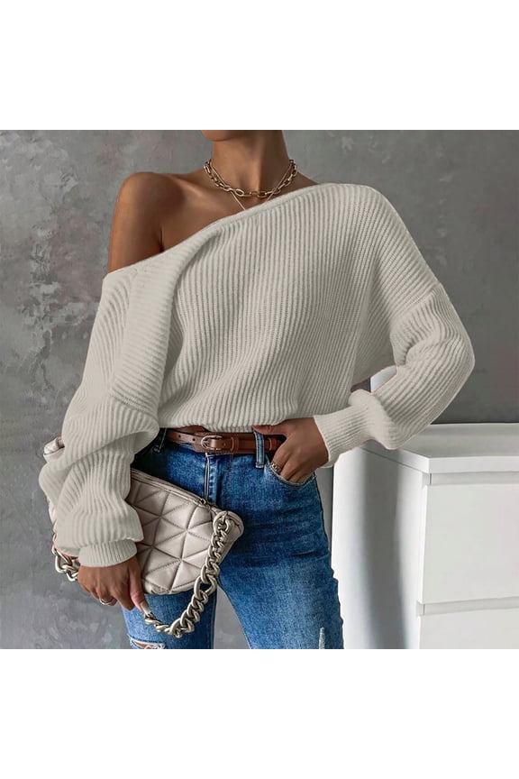 Women's Casual Sweater, Off the Shoulder Long Sleeve Pullover, Knit Jumpers Solid Color Baggy Oversized Fall Sweater Beige S