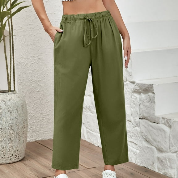Jjayotai Women's Casual Wide Leg Pants, Flowy Adjustable Tie Knot Elastic Waist Trousers, Summer Beach Pants with Pockets Army Green S