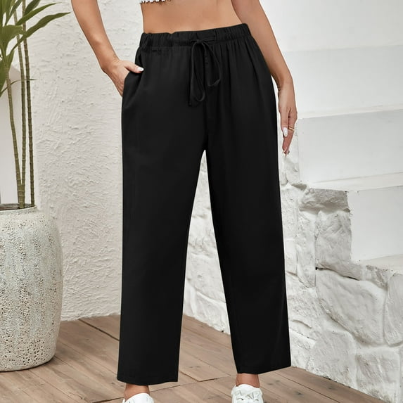 Jjayotai Women's Casual Wide Leg Pants, Flowy Adjustable Tie Knot Elastic Waist Trousers, Summer Beach Pants with Pockets Black S