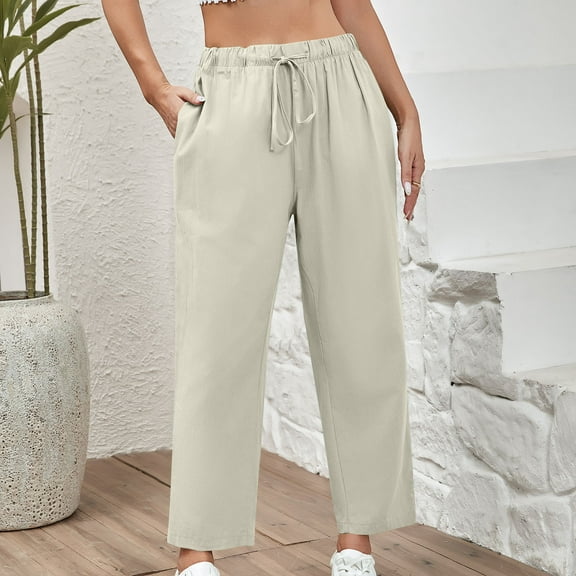 Jjayotai Women's Casual Wide Leg Pants, Flowy Adjustable Tie Knot Elastic Waist Trousers, Summer Beach Pants with Pockets Khaki M