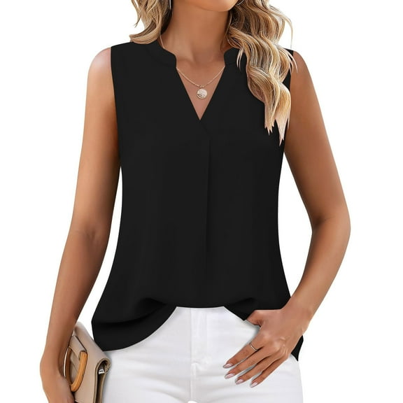 Jjayotai Women's Chiffon V Neck Sleeveless Blouse Tops, Office Work Shirts, Tank Top for Women, Womens Summer Outfits Black^1 XXL