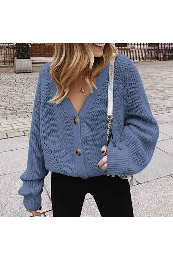 Women's Chunky Knit Cardigan Sweaters, V Neck Button Down Casual Long Sleeve Solid Outwear, Open Front Cardigan Knitwear Blue L