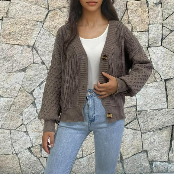 Jjayotai Women's Chunky Knit Open Front Sweater, Long Sleeve Button Down Loose Short Cardigan Outerwear Coats Coffee XL