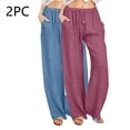 thumbnail image 1 of Jjayotai Women's Cotton Linen Pants 2 Pack, Summer Fall Wide Leg Casual Loose Drawstring High Waist Palazzo Pants with Pockets Navy M, 1 of 8