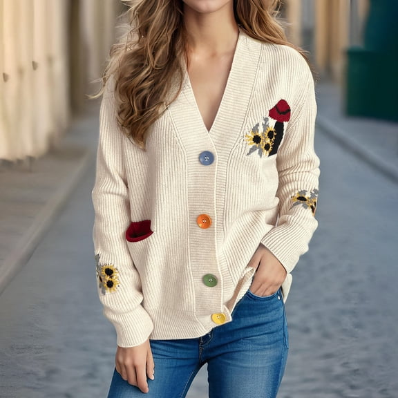 Jjayotai Women's Cozy Solid Cardigan with Colorful Buttons and Floral Embroidery Perfect Cardigans for WomenTrendy White S