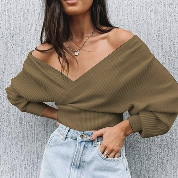Jjayotai Women's Cropped Sweater, Wrap V Neck Knit Sweaters, Lantern Long Sleeve Sexy Cross Ribbed Drop Shoulder Pullover Tops Coffee L