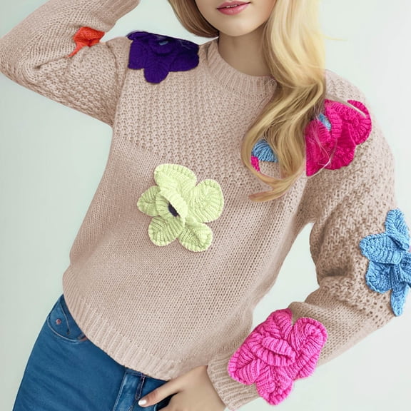 Jjayotai Women's Cute Floral Pattern Long Sleeve Sweater, Crew Neck Flower Knitted Pullover Tops Khaki L