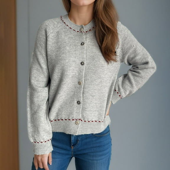 Jjayotai Women's Elegant Button Up Cardigan Sweaters Clearance, Casual Cropped Knitted Sweater Chunky Open Front Outerwear Gray M
