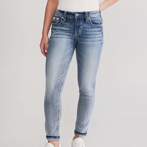 Jjayotai Women's Embroidery Pocket Detail Skinny Jeans, Low Waist Casual Pants, Skinny Denim Stretch Jegging Light Blue M