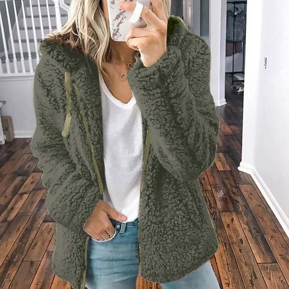 Jjayotai Women's Fall Winter Fleece Jackets, Long Sleeve Fuzzy Shaggy Teddy Coats, Zip Up Long Sleeve Casual Jacket Outerwear Army Green L