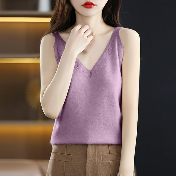 Jjayotai Women's Faux Fur Sweater Vest, Fuzzy V Neck Sleeveless Knit Vest Top, Tank Tops for Women Purple^ XL