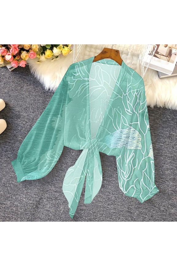 Women's Floral Print Bell Sleeve Kimono Cardigan, Loose Cover Up, Casual Chiffon Blouse Tops, Tie Front Women Coverup