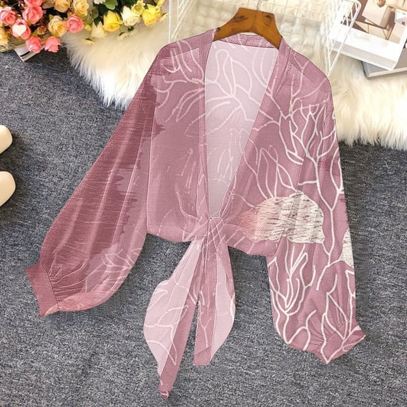 Jjayotai Women's Floral Print Bell Sleeve Kimono Cardigan, Loose Cover Up, Casual Chiffon Blouse Tops, Tie Front Women Coverup