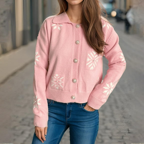 Jjayotai Women's Floral Print Button Down Cardigan, Turndown Collar Long Sleeve Knit Outerwear Sweaters Pink M