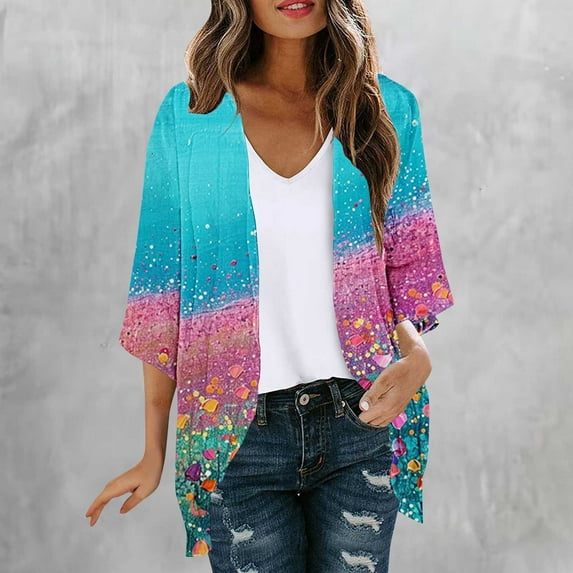 Jjayotai Women's Floral Print Puff Sleeve Kimono Cardigan, Loose Cover Up, Beach Cover Ups, Casual Chiffon Blouses for Women, Womens Tops Multicolor^1 L