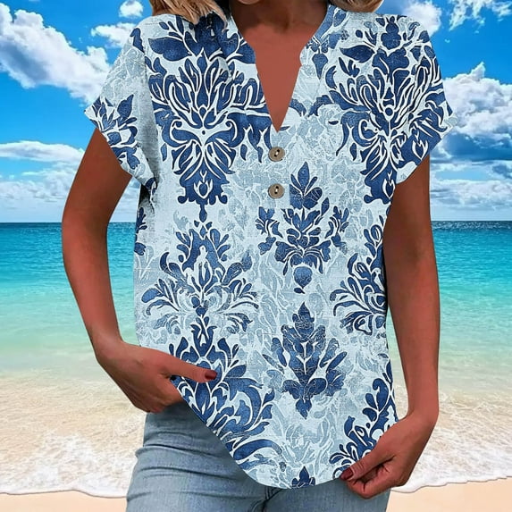 Jjayotai Women's Floral Printed Short Sleeve Henley V Neck T-Shirt, Casual Flowy Tunic Blouse Tops, Womens Polo Shirts, Oversized Tshirts for Women Light Blue^2 XXXXXL