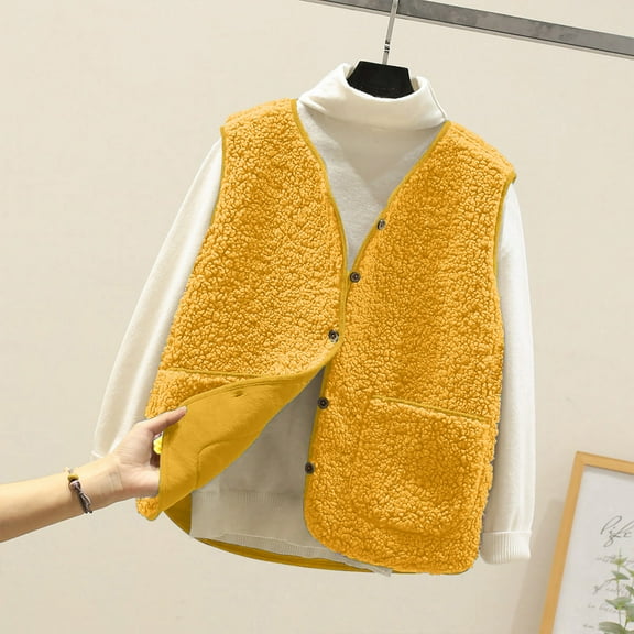 Jjayotai Women's Fuzzy Fleece Vest, Cropped Casual Button Down Sleeveless Sherpa Jackets, Fluffy Gilet Outerwear Yellow M