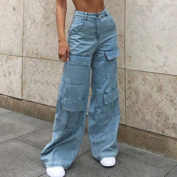 Jjayotai Women's High Waist Cargo Jeans, Flap Pocket Baggy Cargo Pants, Y2K Wide Leg Denim Jeans, Y2K Streetwear Sweatpants Light Blue L