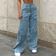 thumbnail image 1 of Jjayotai Women s High Waist Cargo Jeans Flap Pocket Baggy Cargo Pants Wide Leg Denim Jeans Streetwear Sweatpants Light Blue S, 1 of 6