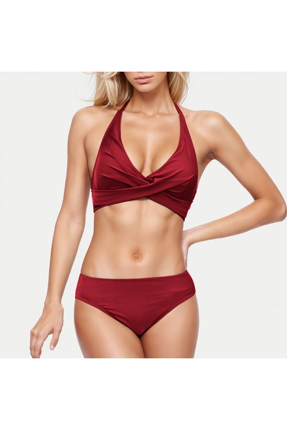 Women's High Waisted Bikini, Twist Front Tie Back 2 Piece Swimsuits, Wrap Halter Bathing Suit Watermelon Red S