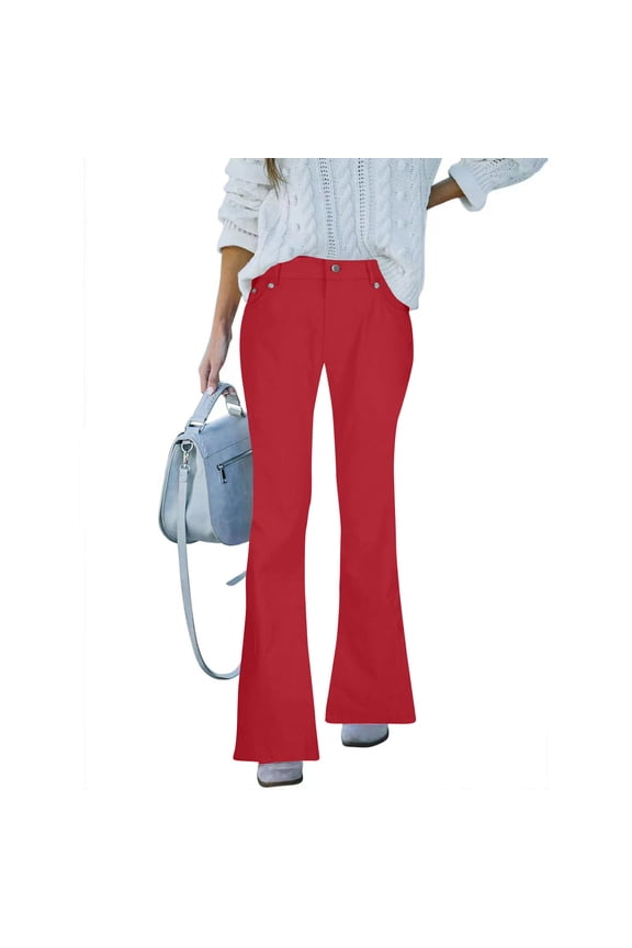 Women's High Waisted Crop Flare Jeans, Cropped Bell Bottom Jeans for Women Denim Pants with Live Hem Red S