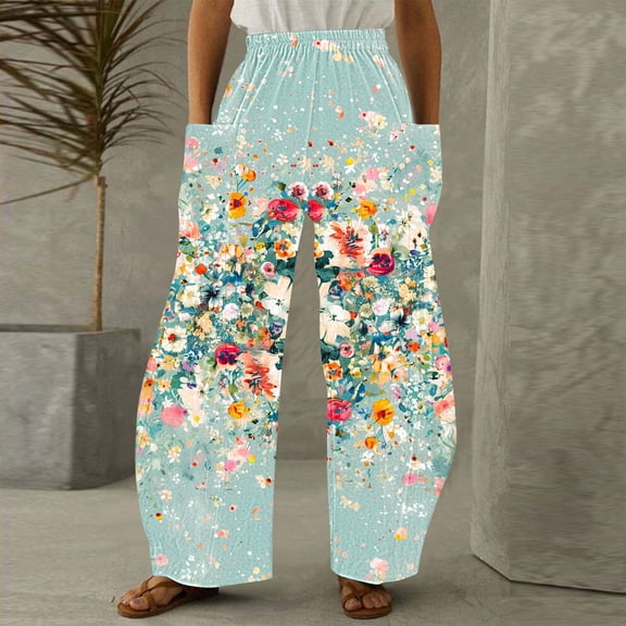 Jjayotai Women's Hippie Bohemian Palazzo Yoga Pants, Straight Leg Bottom, Floral Printed Harem Pants, Baggy Wide Leg Pants with Pockets Green M